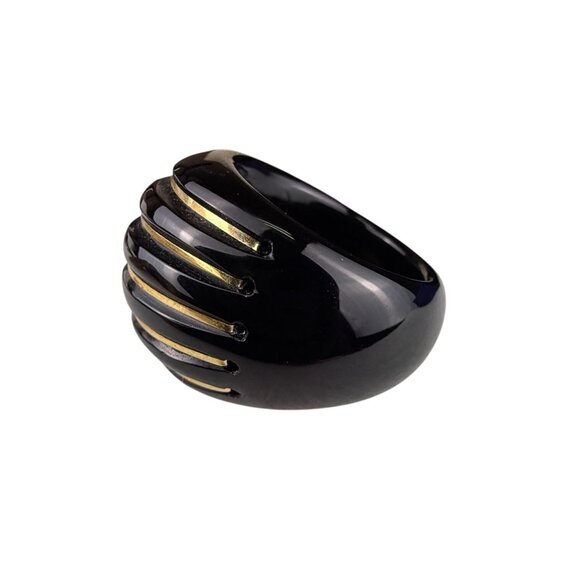 14K Milor Italy Black Enamel Resin Ring With Gold Accents Size 7 Vintage Italian - Picture 1 of 6